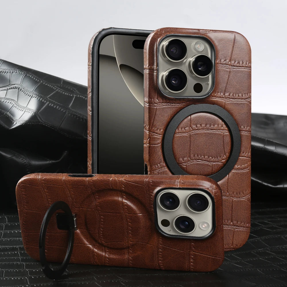 Luxury Leather MagSafe Case with Ring Stand for iPhone 17