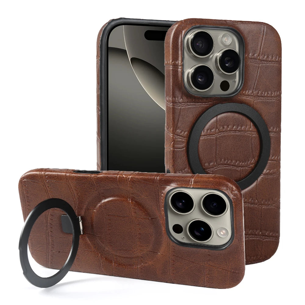 Luxury Leather MagSafe Case with Ring Stand for iPhone 17