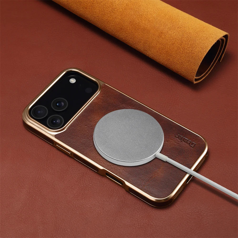 Denior Luxury Oil Wax Texture Genuine Leather Case for iPhone 17