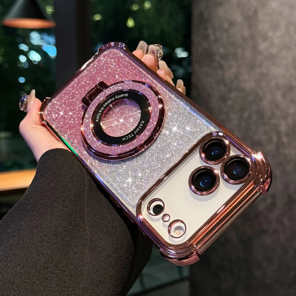 Luxury Bright Glitter Bracket Case for iPhone Magsafe Magnetic Plating Cover