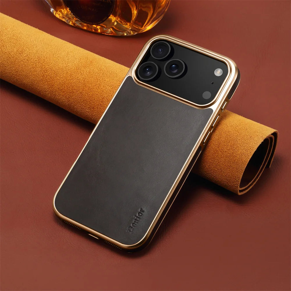 Denior Luxury Oil Wax Texture Genuine Leather Case for iPhone 17