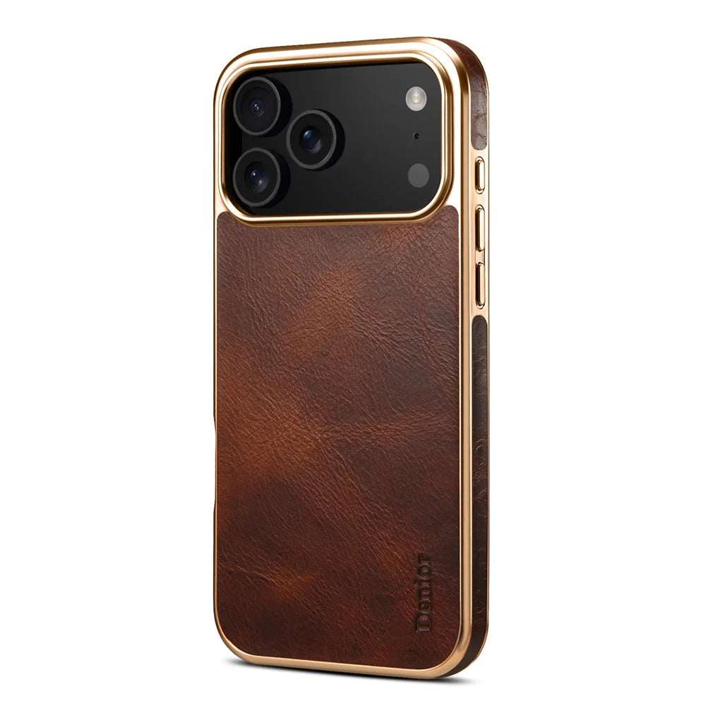Denior Luxury Oil Wax Texture Genuine Leather Case for iPhone 17