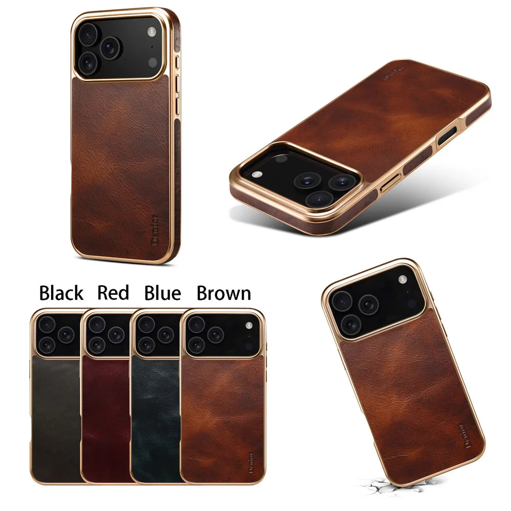 Denior Luxury Oil Wax Texture Genuine Leather Case for iPhone 17