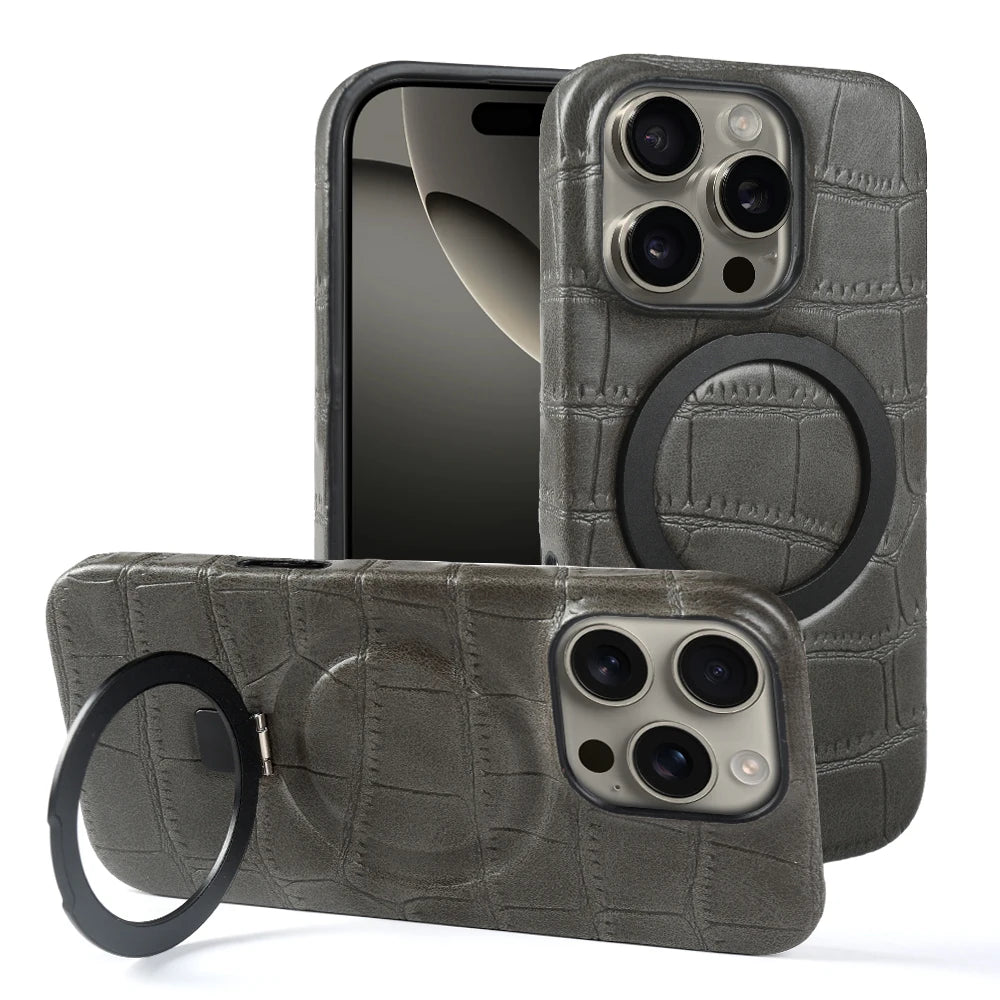 Luxury Leather MagSafe Case with Ring Stand for iPhone 17