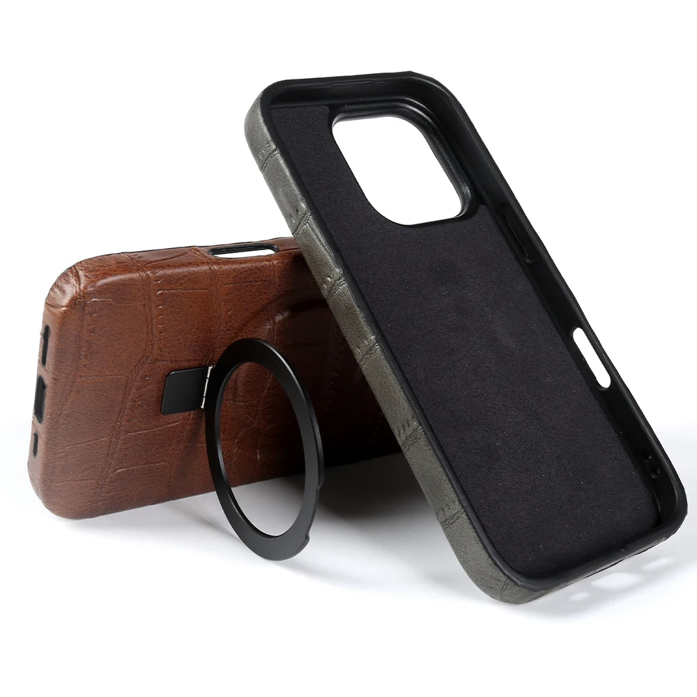 Luxury Leather MagSafe Case with Ring Stand for iPhone 17