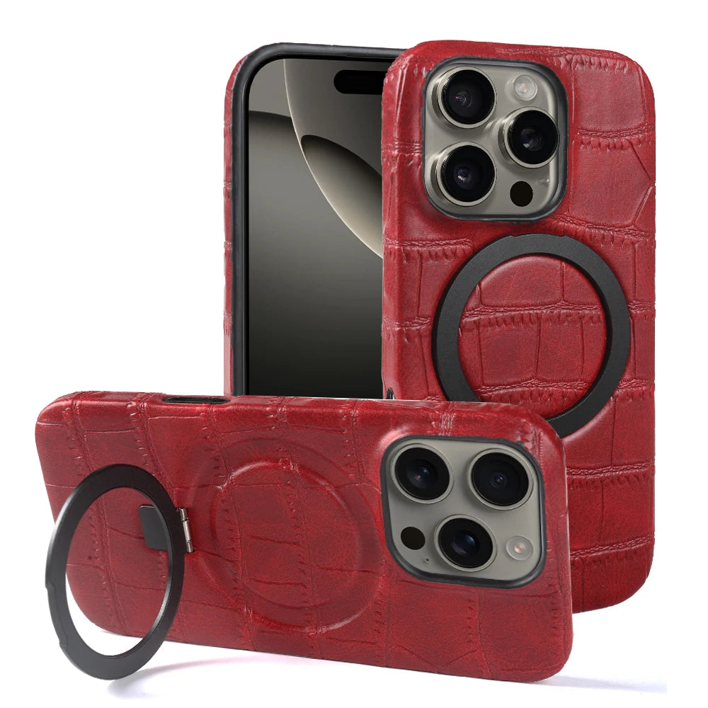 Luxury Leather MagSafe Case with Ring Stand for iPhone 17