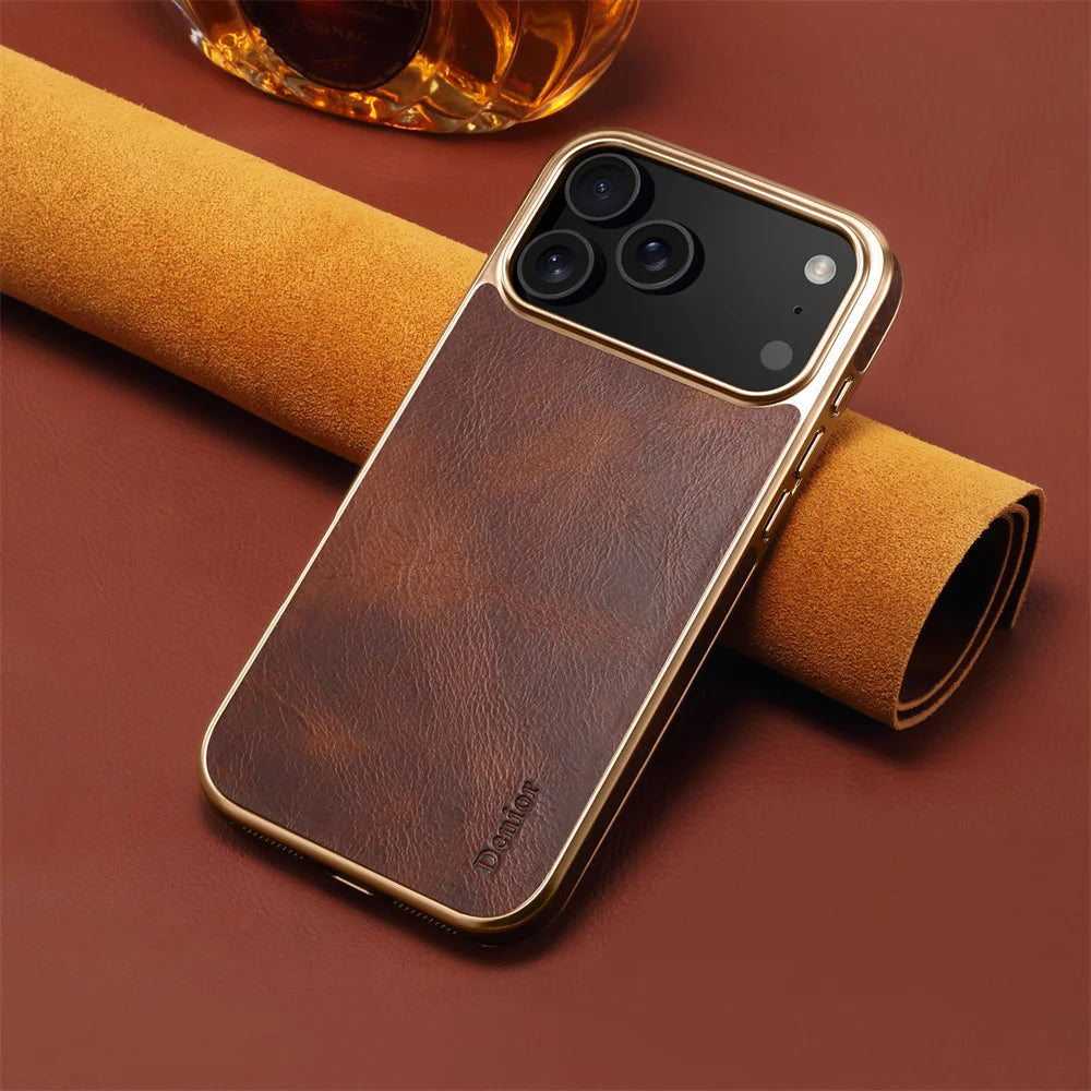 Denior Luxury Oil Wax Texture Genuine Leather Case for iPhone 17
