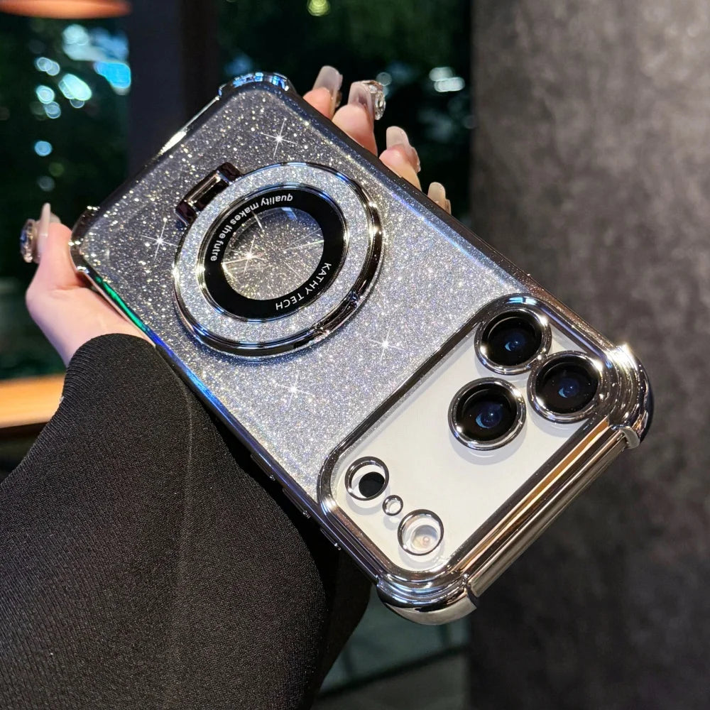 Luxury Bright Glitter Bracket Case for iPhone Magsafe Magnetic Plating Cover