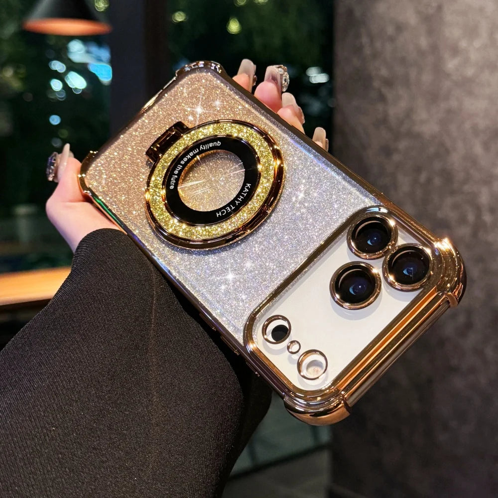 Luxury Bright Glitter Bracket Case for iPhone Magsafe Magnetic Plating Cover