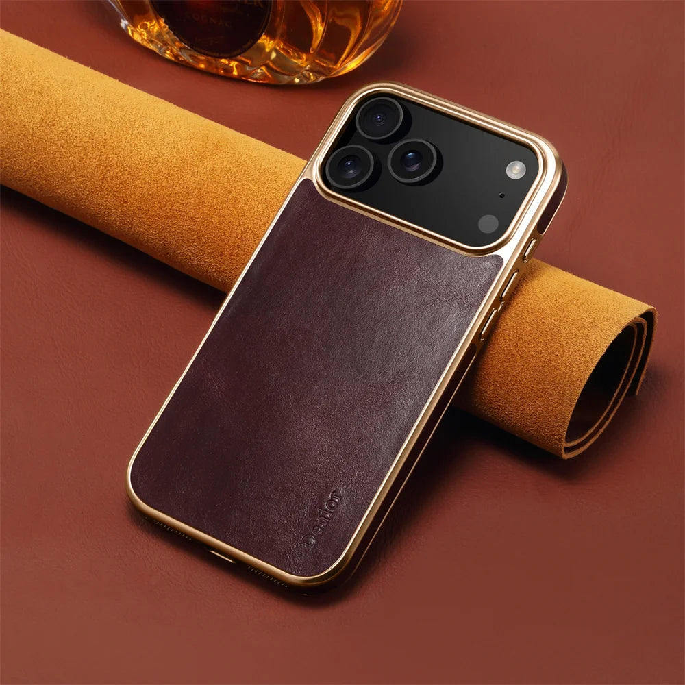 Denior Luxury Oil Wax Texture Genuine Leather Case for iPhone 17