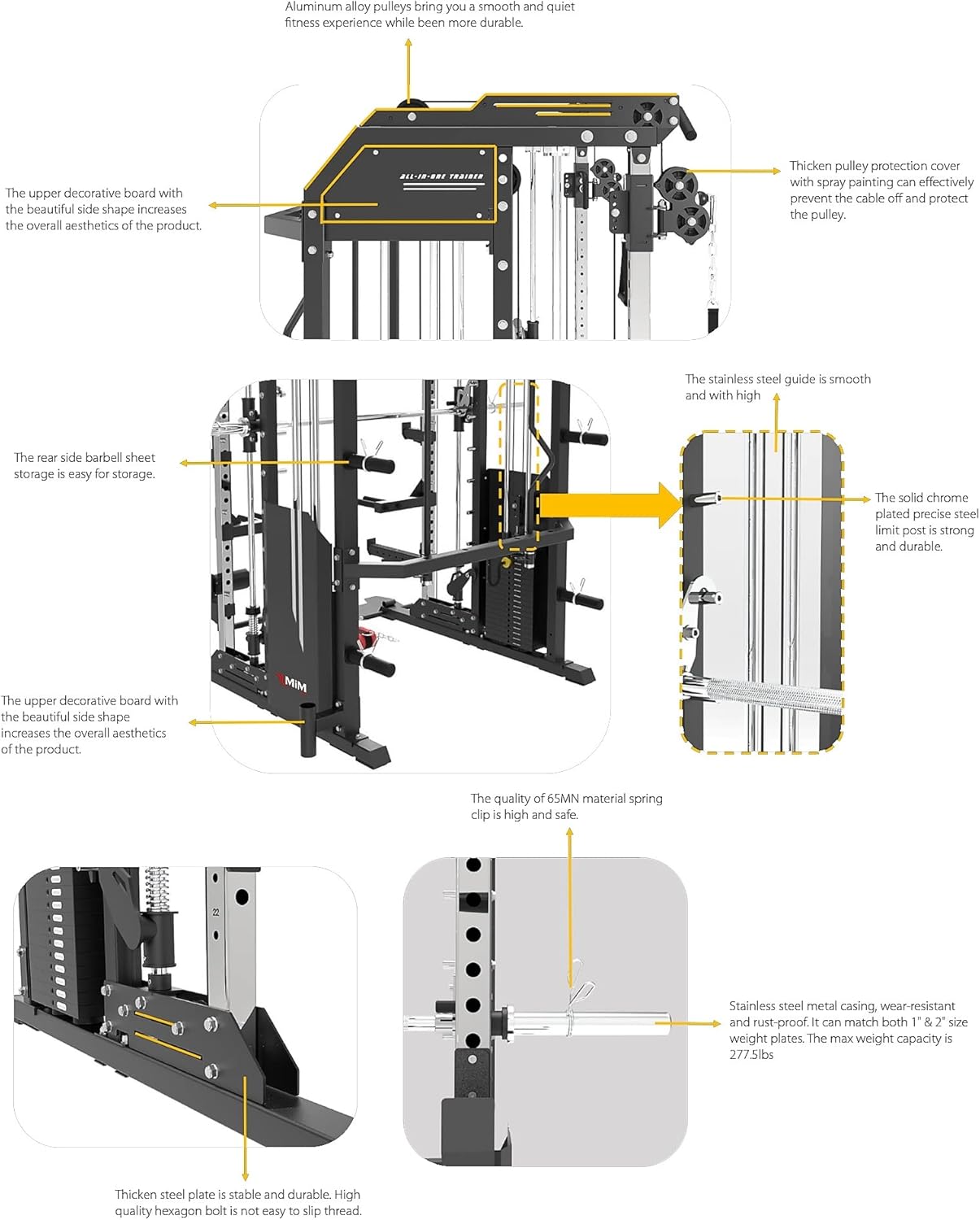 MiM USA Hercules EX All in One Gym Machine Commercial Smith Machine Functional Trainer Home Gym 400 lb Weight Stack Adj Bench Jammer Arms Leg Press Leg Extension Arm Curl LAT Seat Complete Attachment