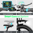 Electric Bike for Adults Peak 1000W Motor Max 25mph, 48V 15Ah Removable Battery Up to 50-70 Miles Long Range Ebike
