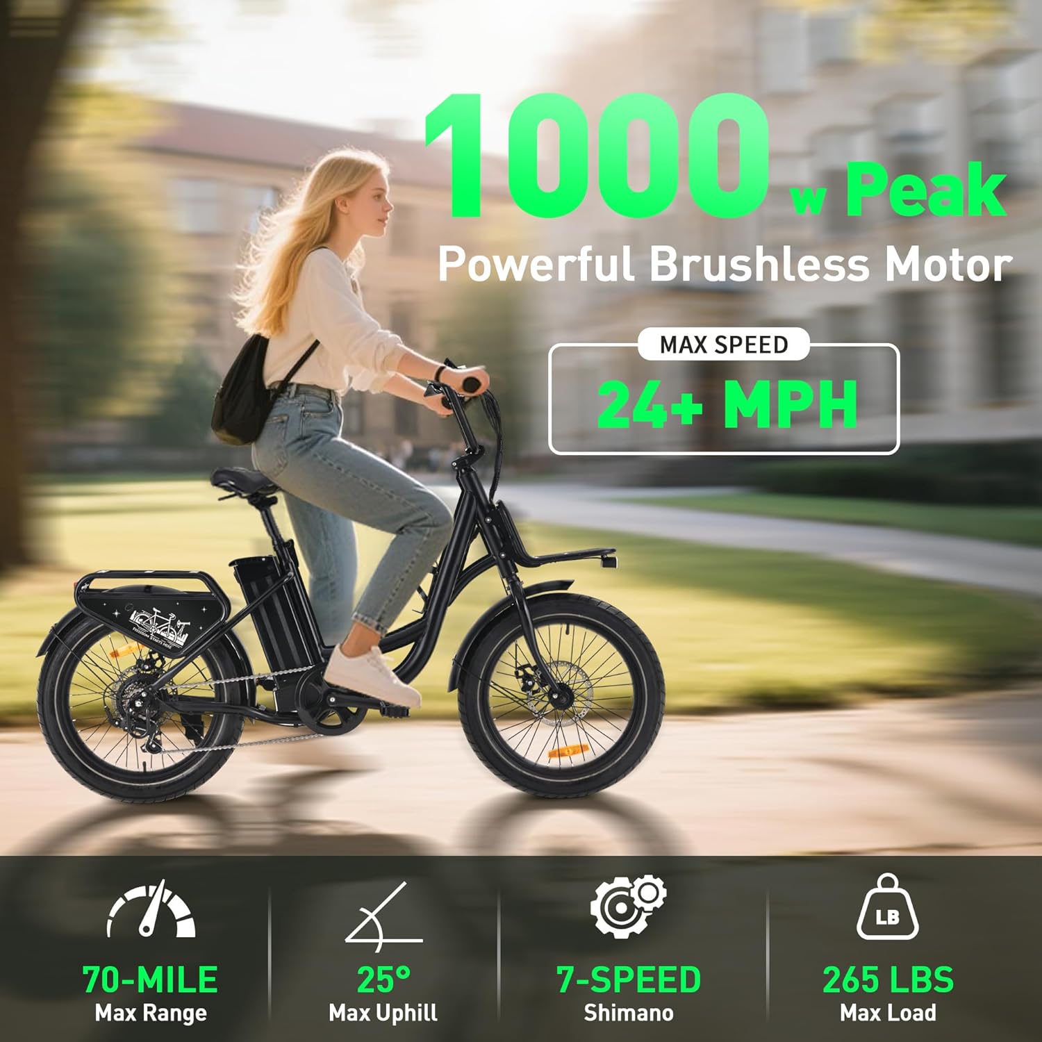 Electric Bike for Adults Peak 1000W Motor Max 25mph, 48V 15Ah Removable Battery Up to 50-70 Miles Long Range Ebike
