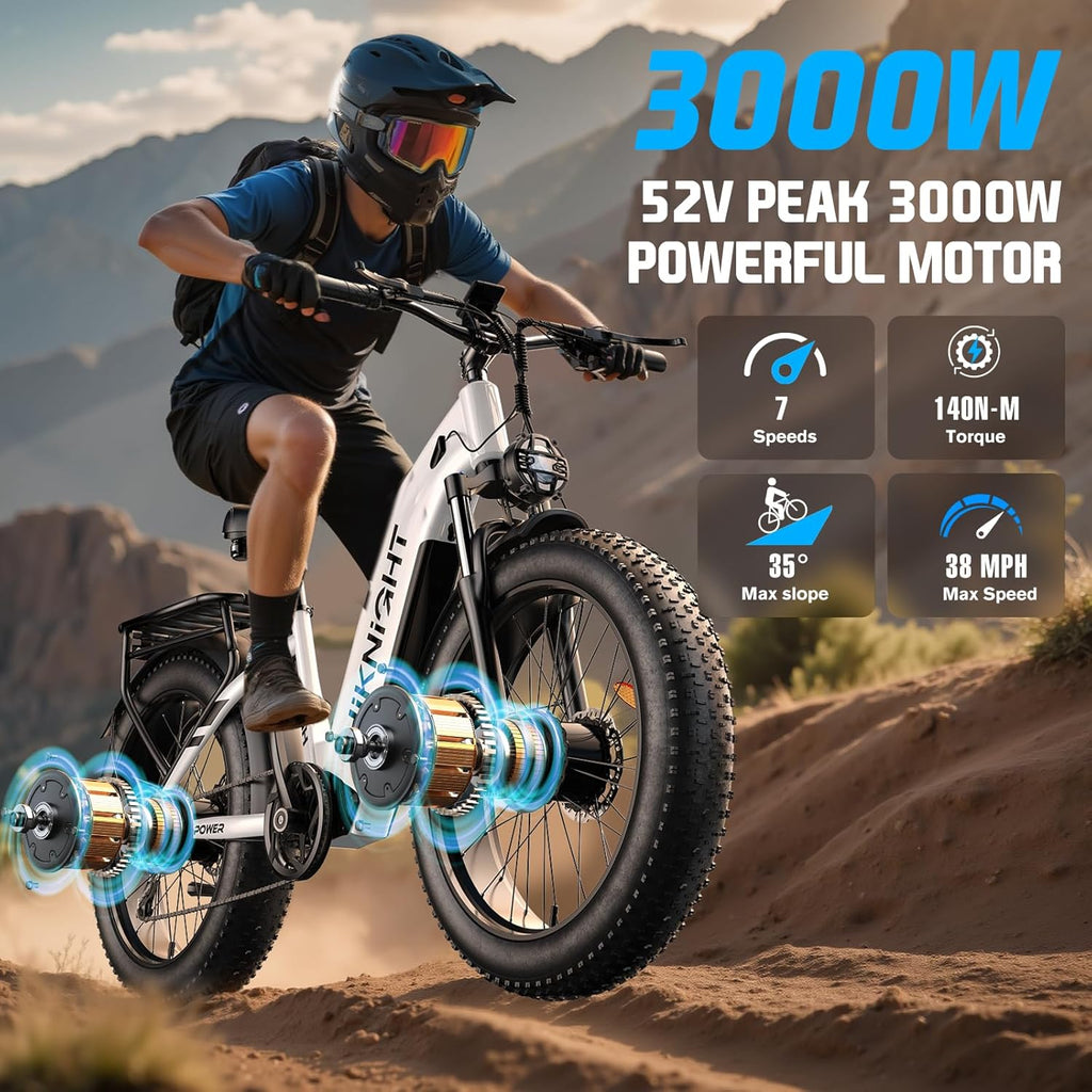 Dual Motor Ebike, 3000W Electric Bike for Adults, 52V 20Ah 26" Fat Tire Fast Ebike Max 38 Mph