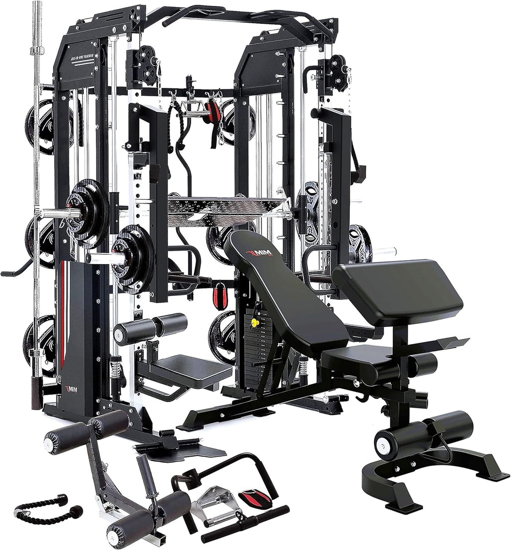MiM USA Hercules EX All in One Gym Machine Commercial Smith Machine Functional Trainer Home Gym 400 lb Weight Stack Adj Bench Jammer Arms Leg Press Leg Extension Arm Curl LAT Seat Complete Attachment