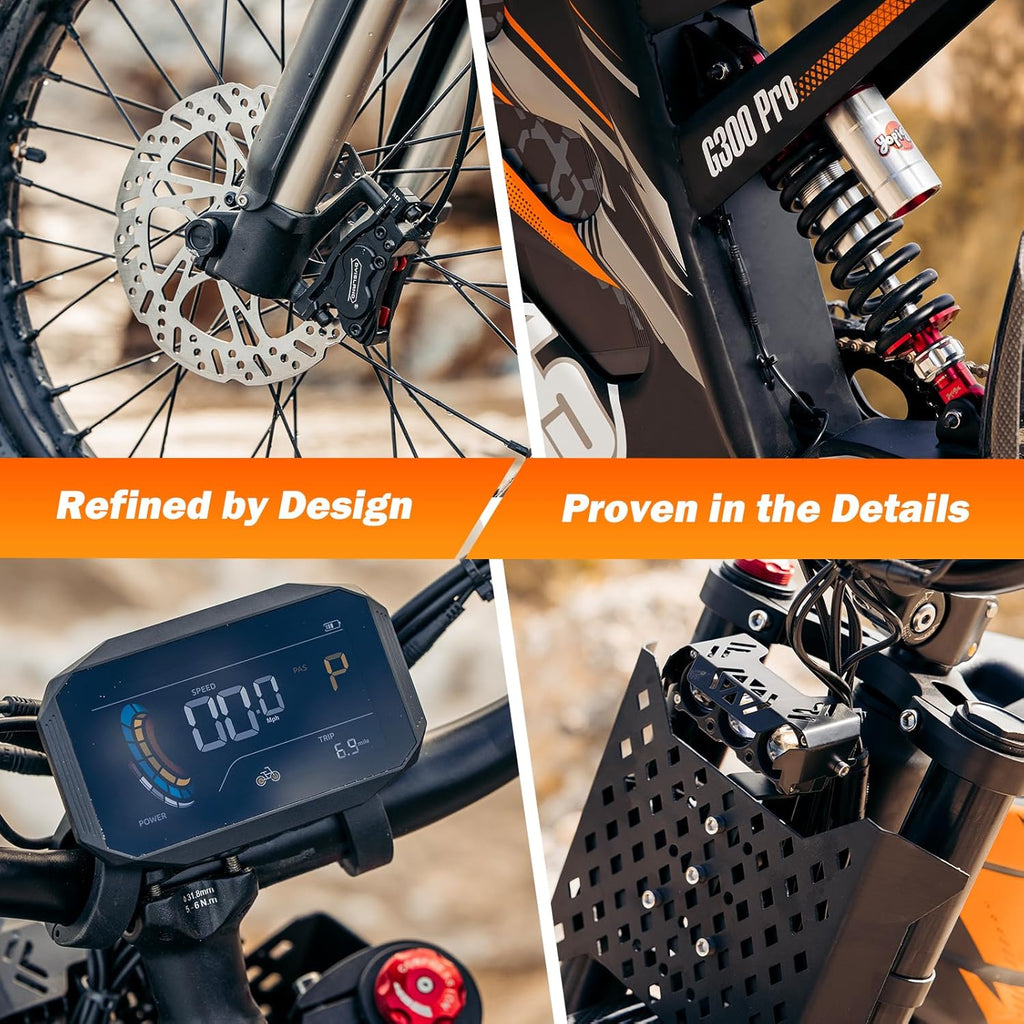 G300 Pro Electric Dirt Bike for Adults, 72V 30Ah Battery, 6500W Motor, 50 MPH Speed, 70 Mile Range, 350 Lbs Load Capacity, Hydraulic Brakes Black (Orange)