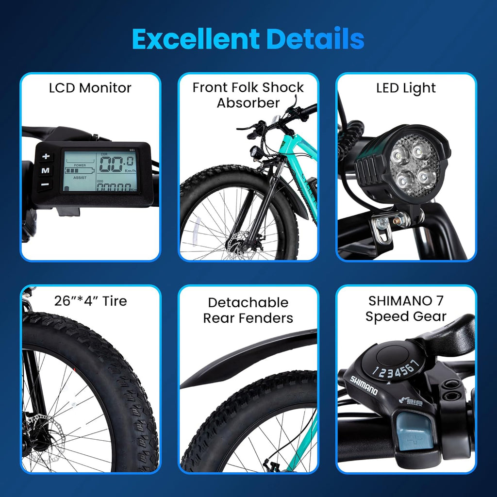 26"x4" All-Terrain Fat Tire E Bike, 1500W Peak Electric Mountain Bike, 72Miles 28 MPH E-Bike