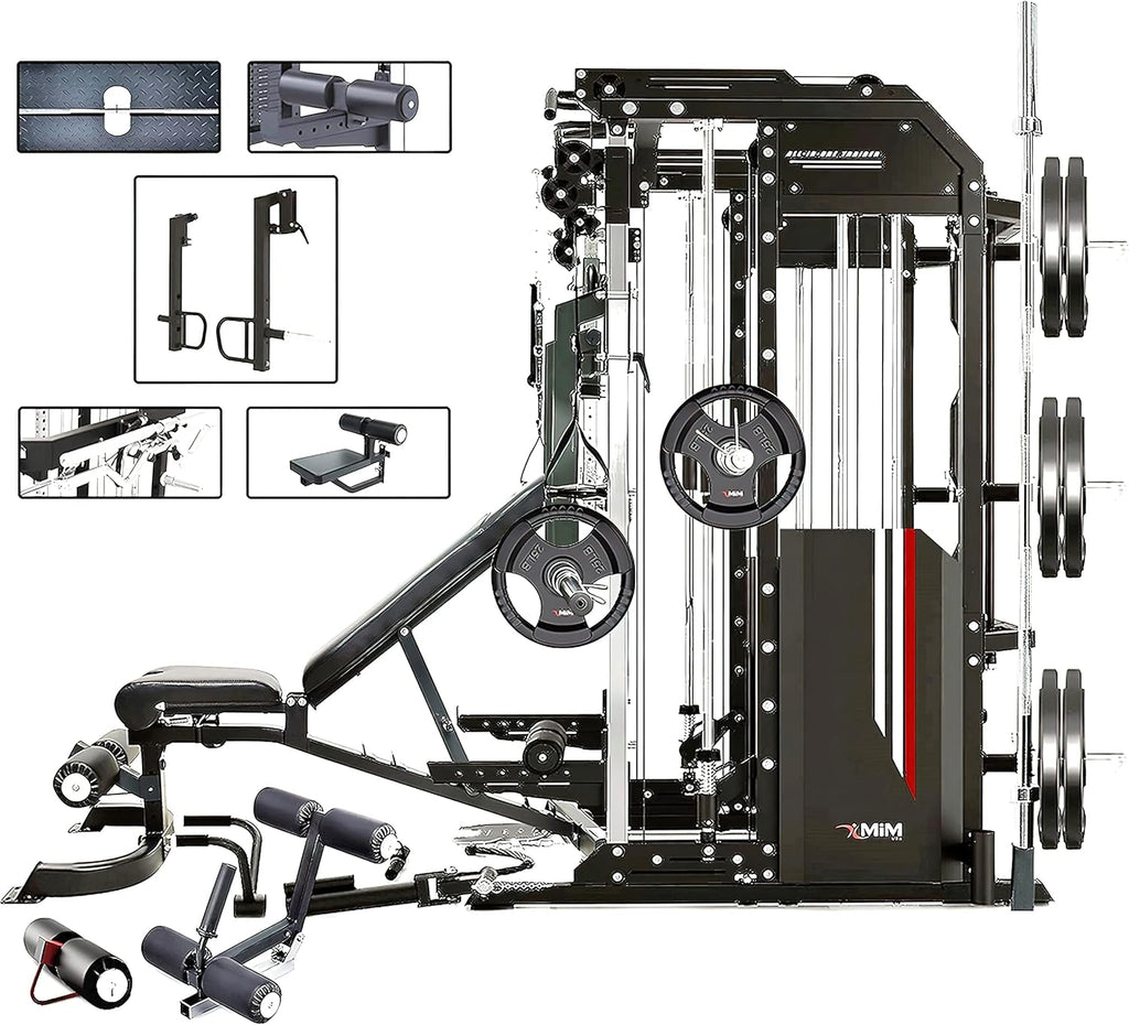 MiM USA Hercules EX All in One Gym Machine Commercial Smith Machine Functional Trainer Home Gym 400 lb Weight Stack Adj Bench Jammer Arms Leg Press Leg Extension Arm Curl LAT Seat Complete Attachment