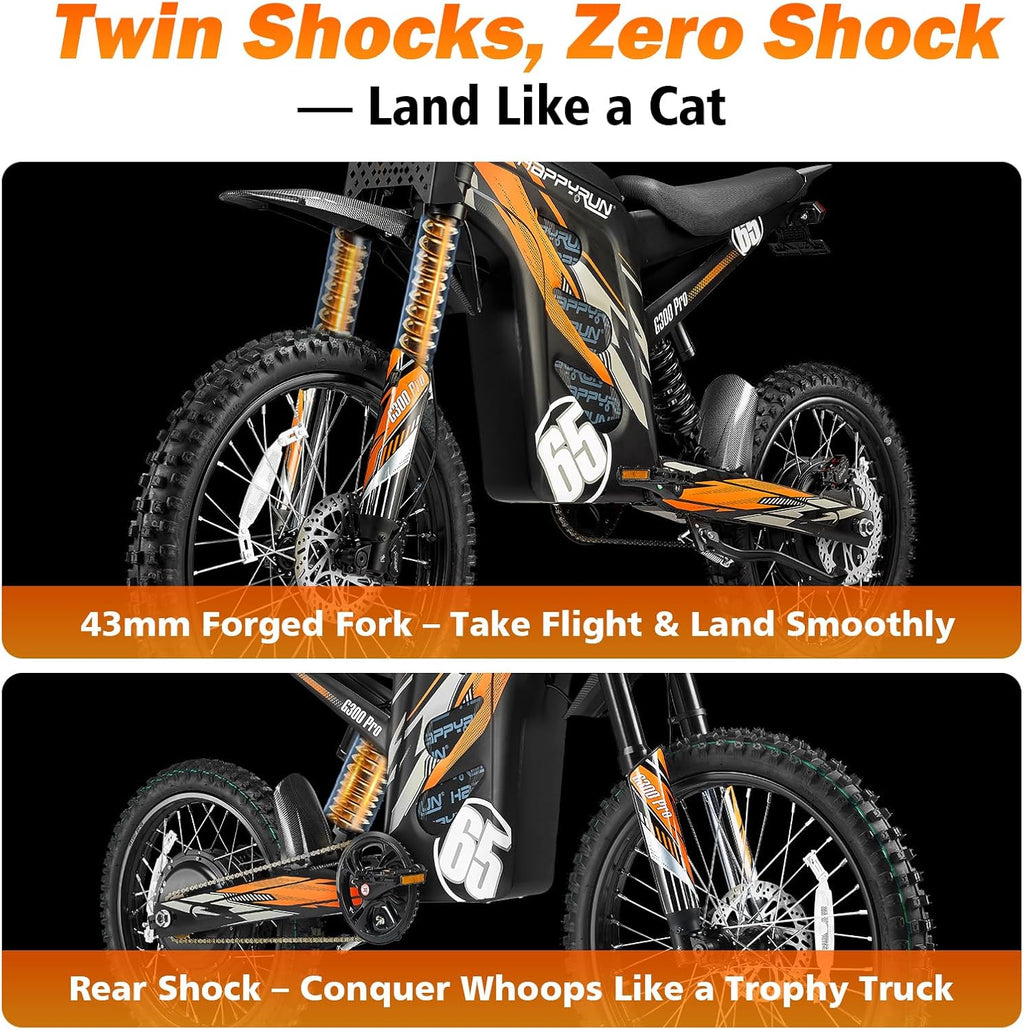G300 Pro Electric Dirt Bike for Adults, 72V 30Ah Battery, 6500W Motor, 50 MPH Speed, 70 Mile Range, 350 Lbs Load Capacity, Hydraulic Brakes Black (Orange)