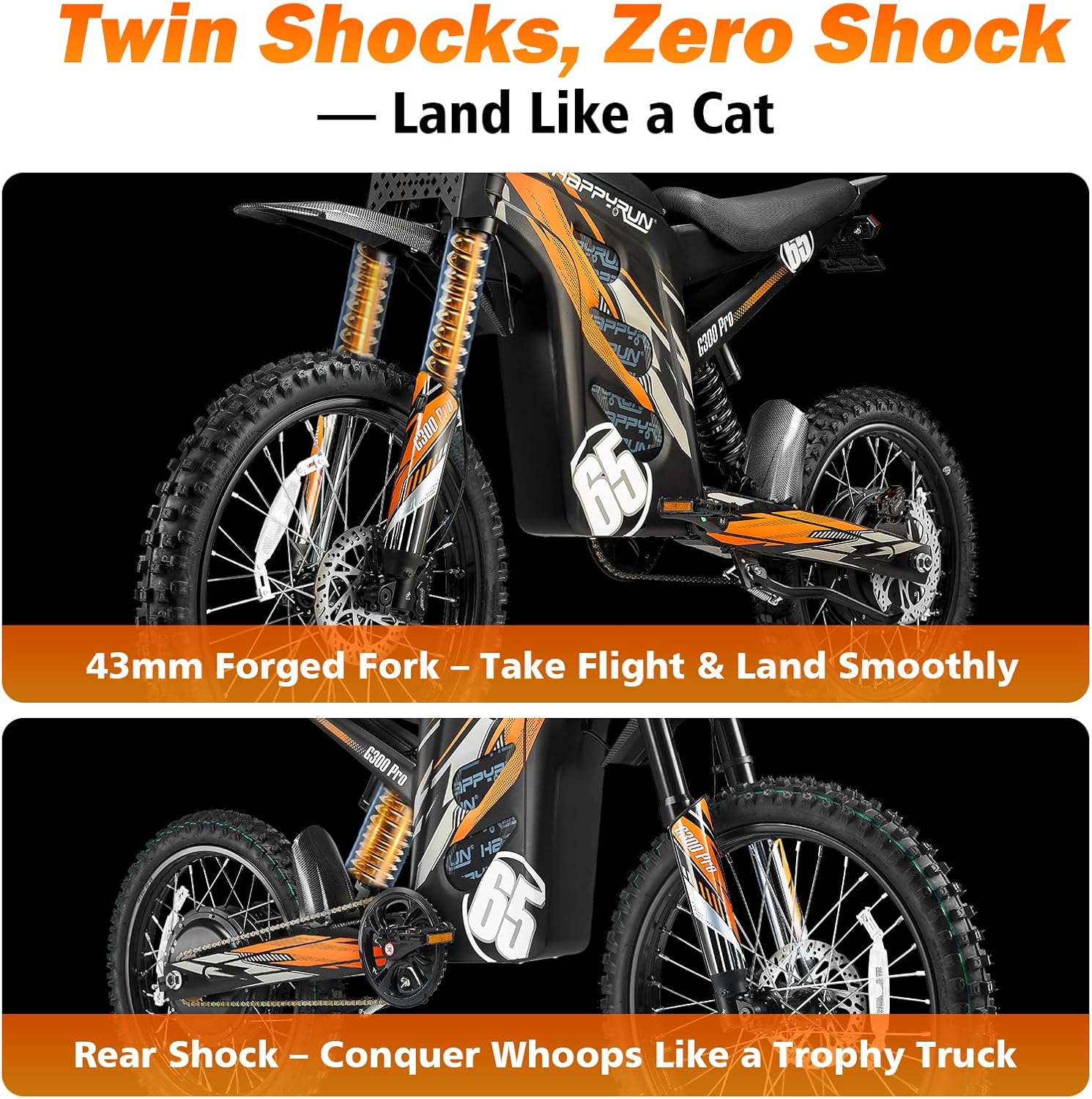 G300 Pro Electric Dirt Bike for Adults, 72V 30Ah Battery, 6500W Motor, 50 MPH Speed, 70 Mile Range, 350 Lbs Load Capacity, Hydraulic Brakes Black (Orange)