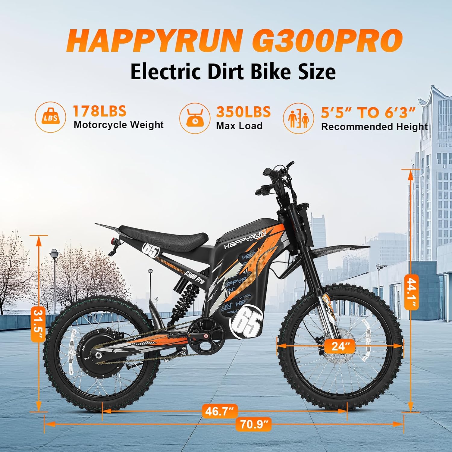 G300 Pro Electric Dirt Bike for Adults, 72V 30Ah Battery, 6500W Motor, 50 MPH Speed, 70 Mile Range, 350 Lbs Load Capacity, Hydraulic Brakes Black (Orange)