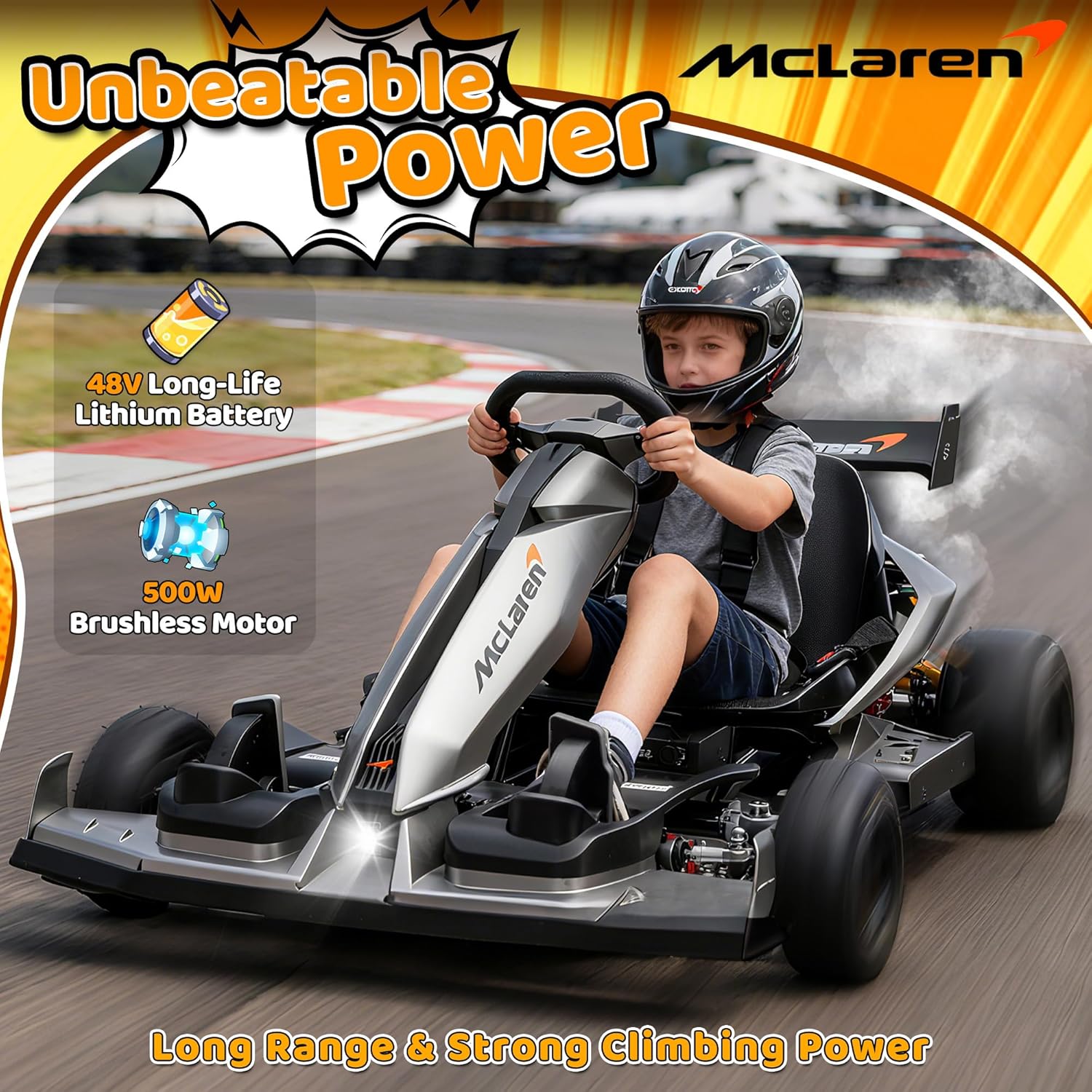 48V Electric Go Kart, Licensed McLaren Battery Powered Drift Racing Go Kart, 25 MPH Drift Kart with 500W Powerful Motor