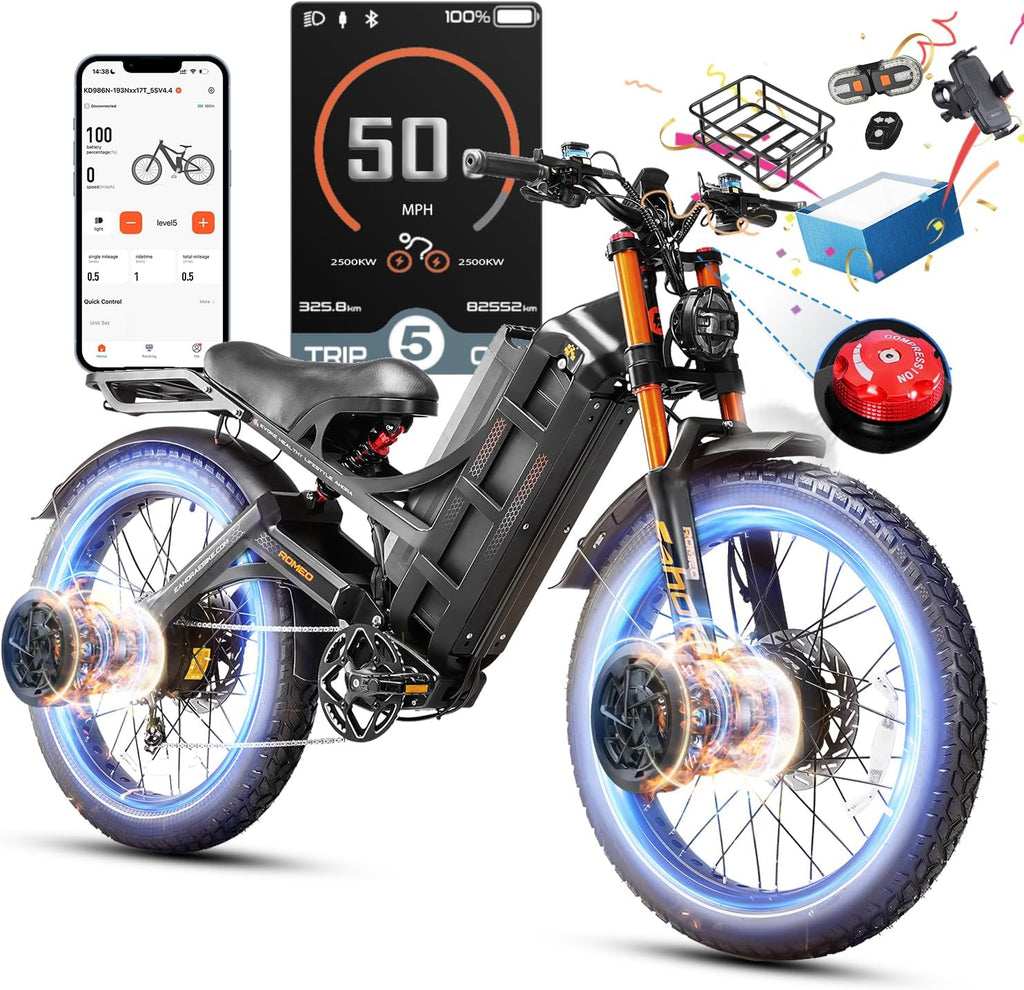 eAhora Romeo Pro 3 Electric Bike for Adults, 5600W 50MPH Dual Motor Ebike, 60V 80AH 250Miles Long Range Electric Bike
