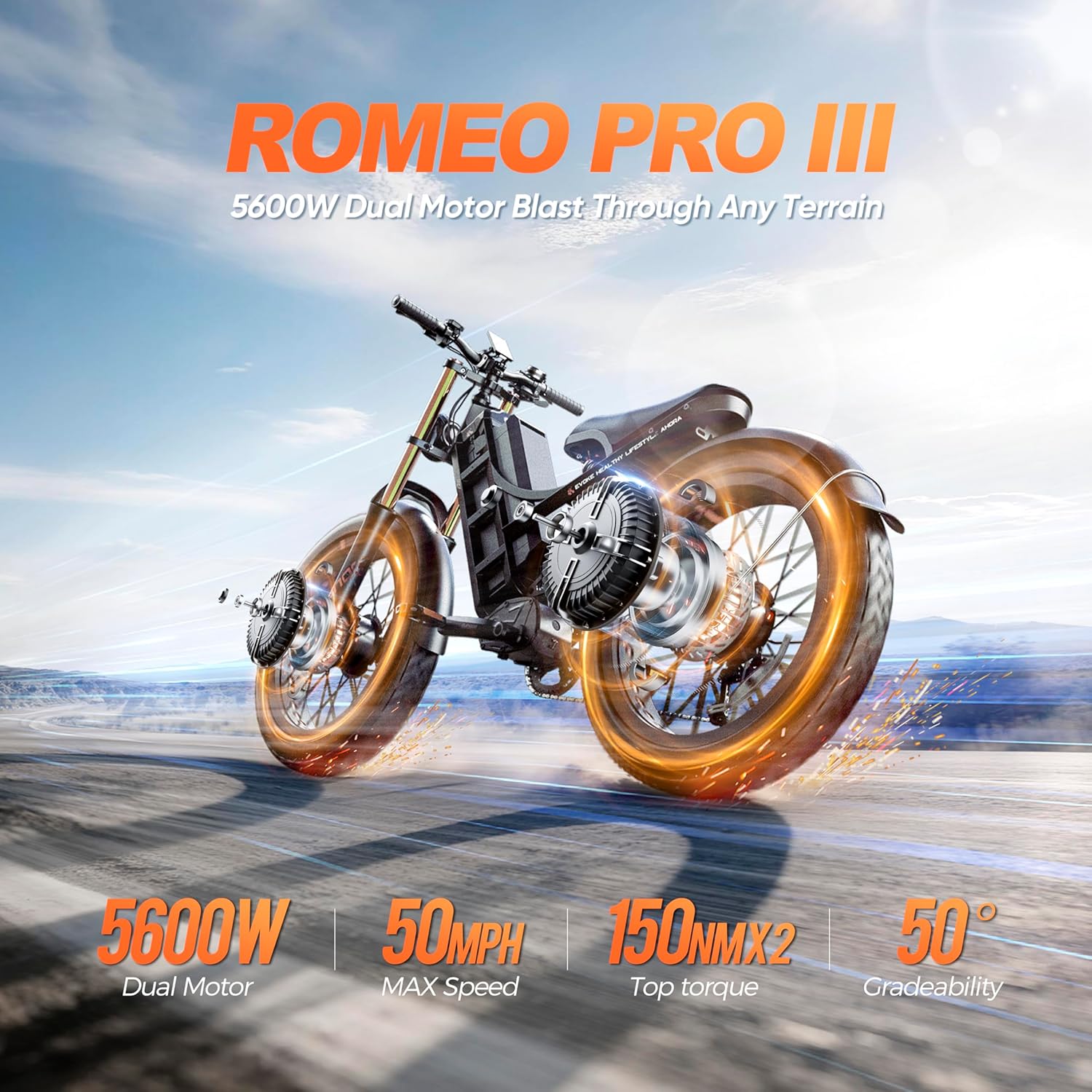 eAhora Romeo Pro 3 Electric Bike for Adults, 5600W 50MPH Dual Motor Ebike, 60V 80AH 250Miles Long Range Electric Bike