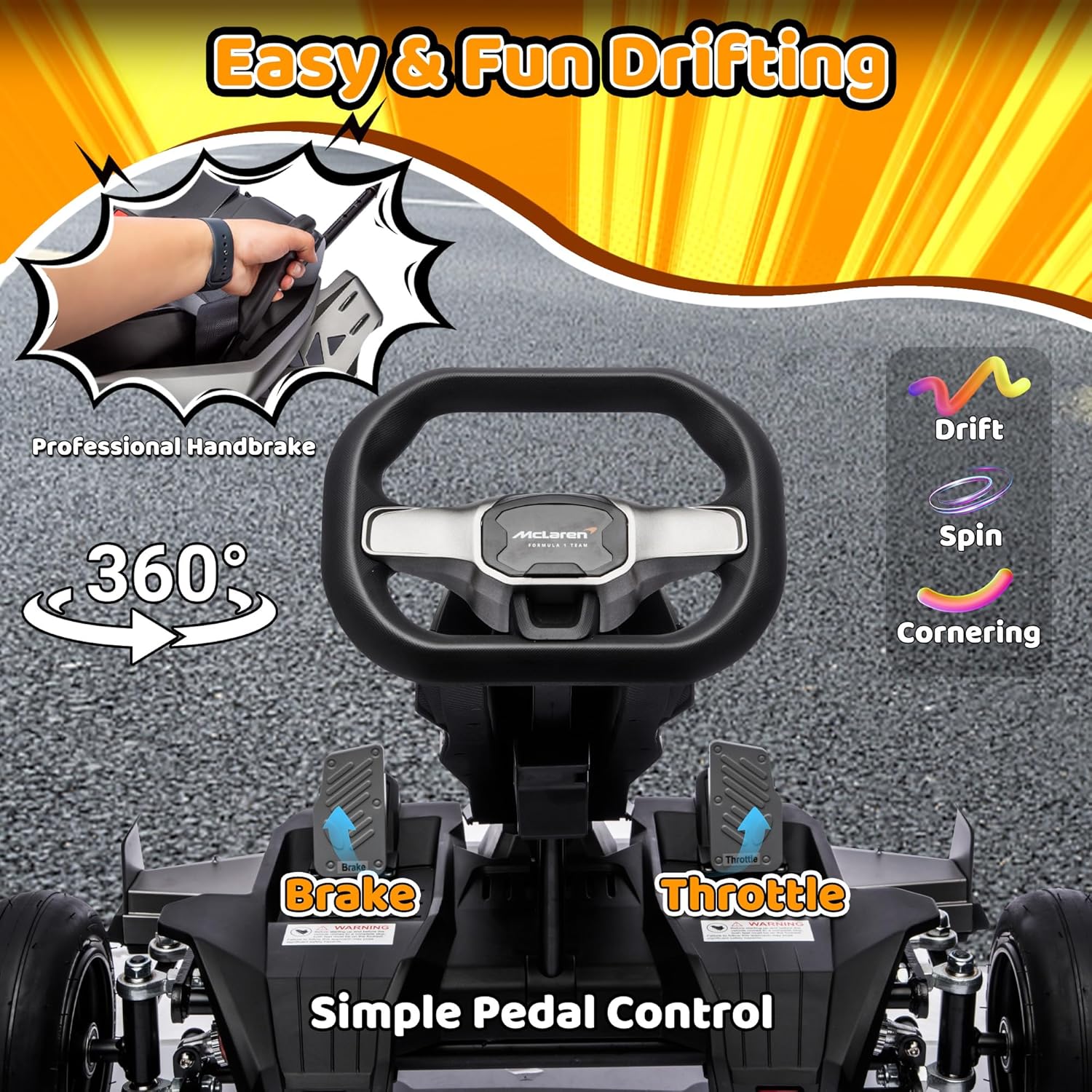 48V Electric Go Kart, Licensed McLaren Battery Powered Drift Racing Go Kart, 25 MPH Drift Kart with 500W Powerful Motor