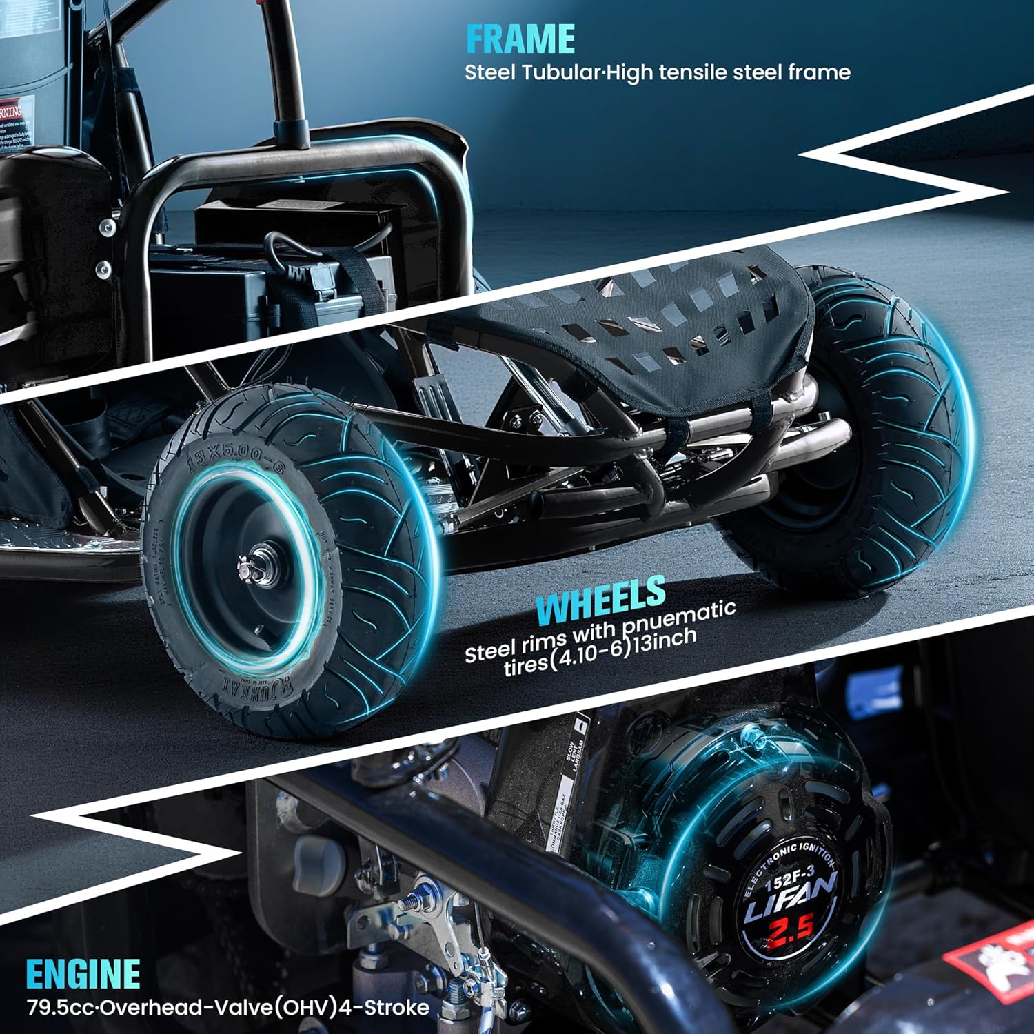 Electric Go Kart, 48V Powered Ride On Car, Steel Tubular Frame, Seat Belt, 13 inch All-Terrain Tires