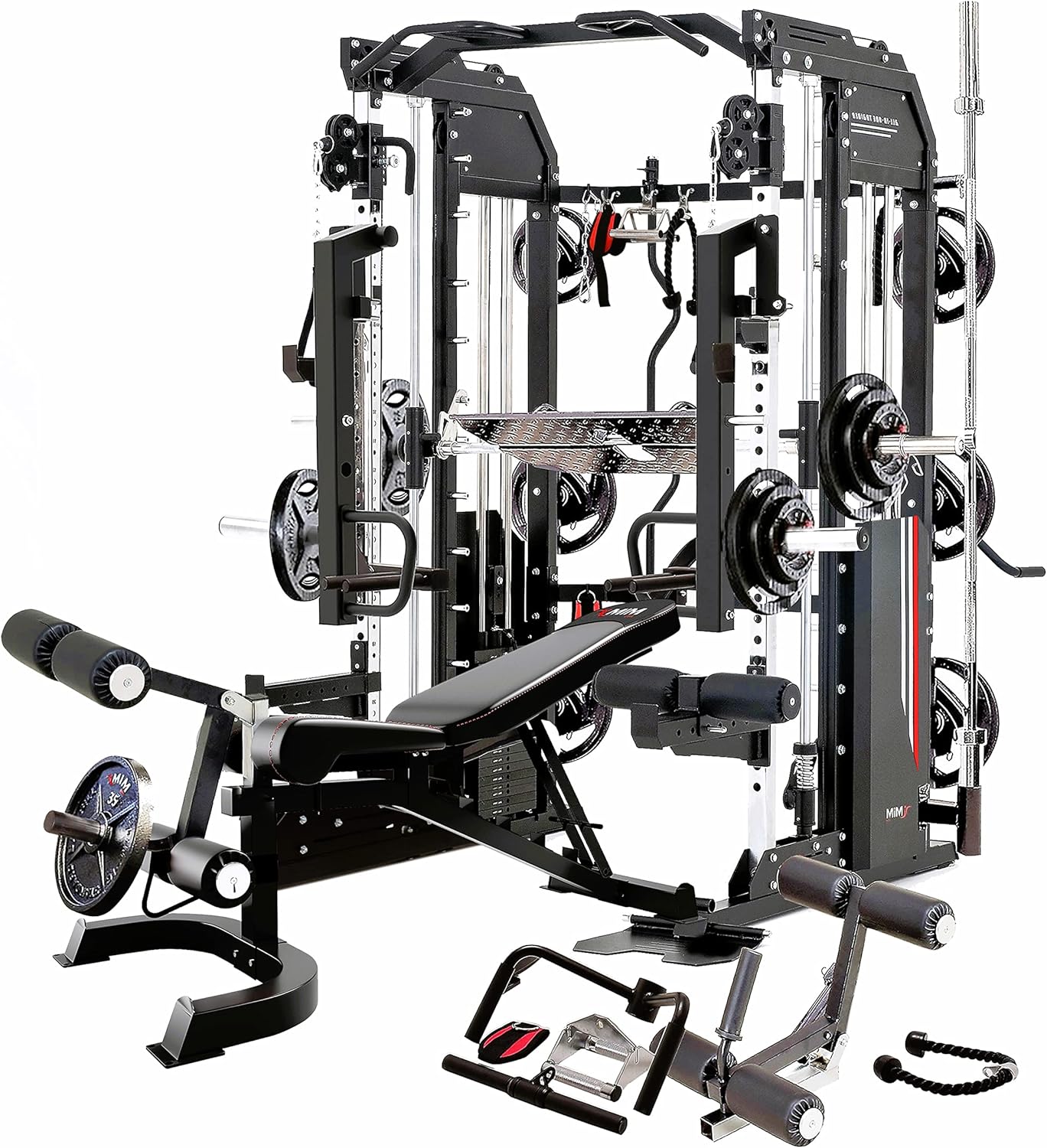 MiM USA Hercules EX All in One Gym Machine Commercial Smith Machine Functional Trainer Home Gym 400 lb Weight Stack Adj Bench Jammer Arms Leg Press Leg Extension Arm Curl LAT Seat Complete Attachment