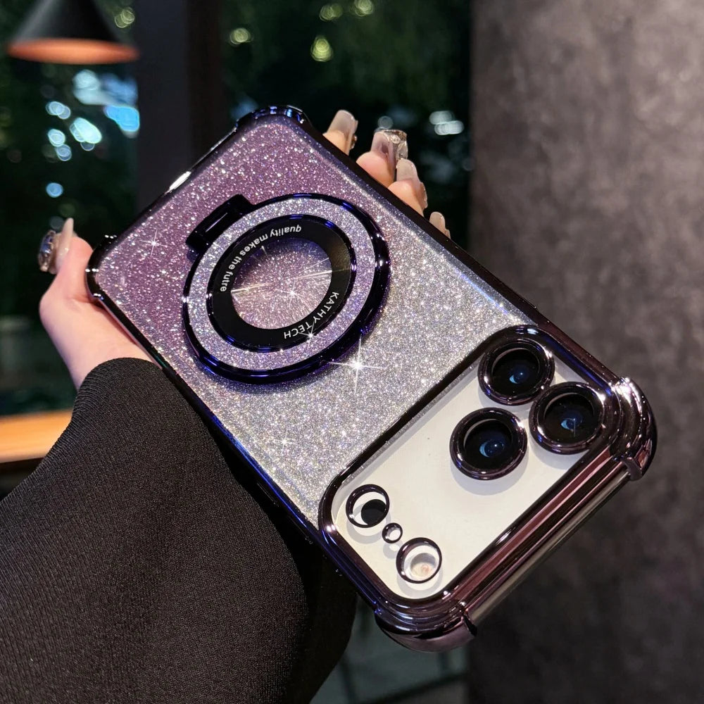 Luxury Bright Glitter Bracket Case for iPhone Magsafe Magnetic Plating Cover