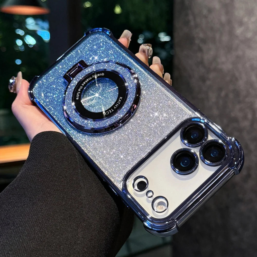 Luxury Bright Glitter Bracket Case for iPhone Magsafe Magnetic Plating Cover