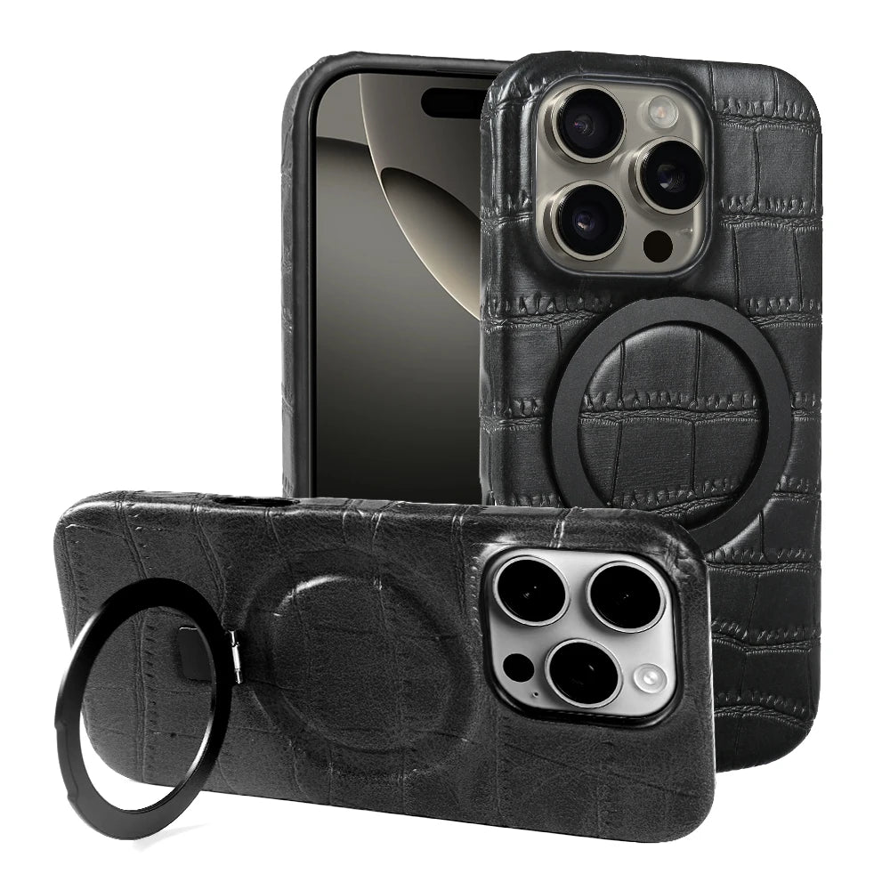 Luxury Leather MagSafe Case with Ring Stand for iPhone 17