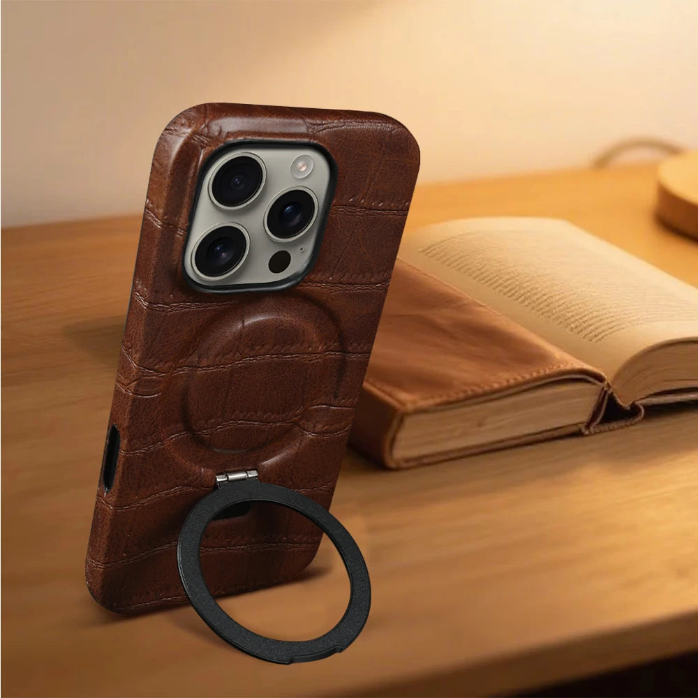 Luxury Leather MagSafe Case with Ring Stand for iPhone 17